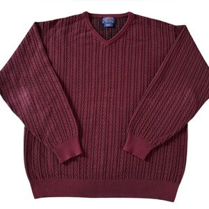 Pendleton Burgundy Cable Knit V Notch Crewneck Cotton Sweater Classic Fit Large